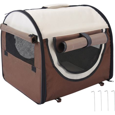 PawHut transportín para perros y gatos plegable, 46x36x41 cm, con cojín lavable, ventanas de malla, estacas, para perros miniaturas, marrón (1/5)
