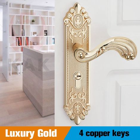 (Or) Serrure de porte dorée de style européen avec clé, entrée sécurisée, fonctionnement silencieux, antivol. (1/3)