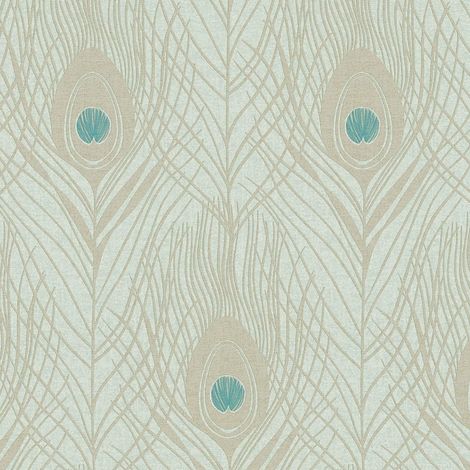 Vinyl Wallpaper Mint Cream Peacock Feather Gloss Art Deco Non Woven Decor