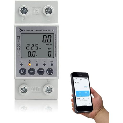 Smart Compteur d'Énergie Monophasé Numérique Compteur Électrique WiFi Wireless 1 Phasé Rail DIN KWh Mètre Ampèremètre Voltmètre (1/5)