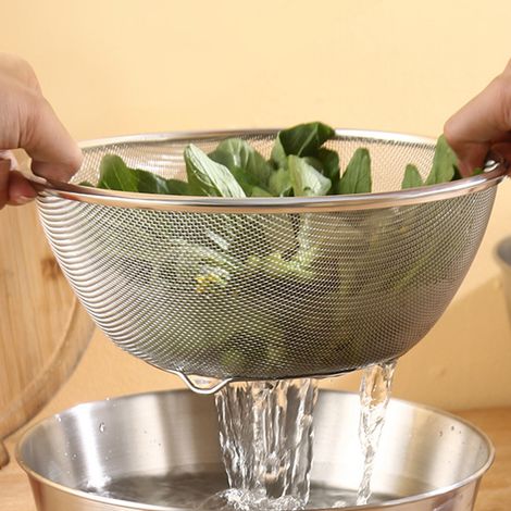 Spülbecken aus Edelstahl 304 mit feinem Sieb für den Hausgebrauch: zum Waschen von Reis, Gemüse und Obst, zum Abtropfen, mit Obstkorb, 22 cm (1/5)