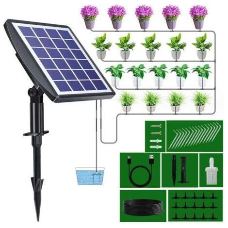 Kit d'irrigation goutte-à-goutte solaire automatique avec minuterie - Pour balcons, terrasses et jardins, programmable et économe en énergie. (1/4)