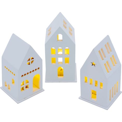 LED Holz Haus weiß Batterie betrieben 13 cm - 3er Set - Deko Weihnachtsdorf mit Beleuchtung in warm weiß - Weihnachts Tisch Deko Aufsteller Winter Haus