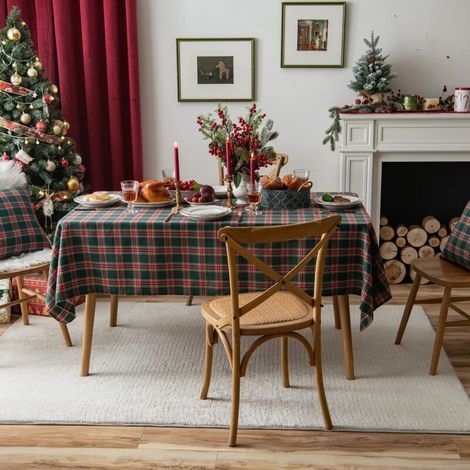 Tovaglia natalizia rettangolare a quadri 140 x 180 cm, lavabile, in cotone e poliestere, ideale per Natale, feste, cucine, matrimoni e decorazioni per la tavola (rosso e verde). (1/4)