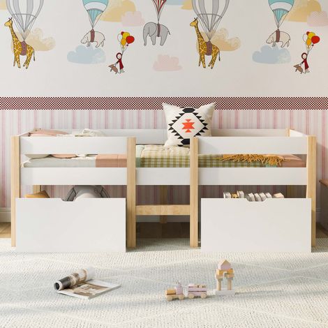 Lit enfant mi-hauteur 90x200 cm, sommier à lattes inclus, 2 tiroirs, garde-corps, échelle, pin massif blanc et chêne, sans matelas (1/5)