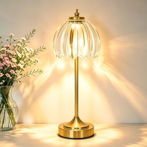 Lampe de Chevet LED Tactile, intensité variable, 3CCT, Lampe de table Sans fil Avec abat-jour en Verre Tulipe Rétro, Lampe de bureau Rechargeable, Petite Veilleuse pour Chambre Salon Chevet (1/5)