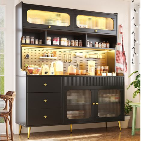 Credenza alta 145x39x171 cm in MDF, metallo e vetro nero con LED App – MEUBLIV (1/5)