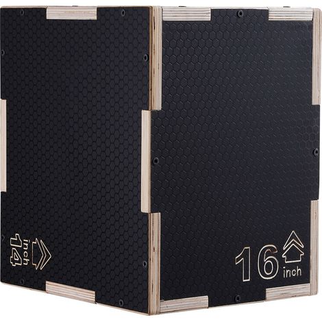 Boîte de saut pliométrique 3-en-1, 16/14/12 pouces, en bois, antidérapante, pour entraînement de force et conditionnement physique à domicile, noir. (1/5)