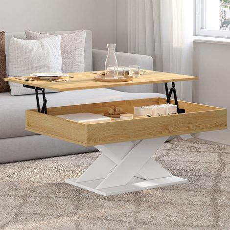 Mesa de centro rectangular con tablero elevable de madera ALICIA y base blanca (1/5)