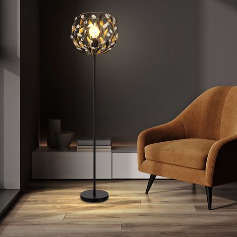 Stehlampe Schwarz Gold Stehleuchte Wohnzimmerlampe Blätter Design Kristalle, 1x E27, DxH 40x157 cm
