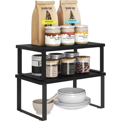 WOLTU Lot de 2 Étagères à Épices Empilables, en MDF et Métal, Étagères de Rangement de Cuisine, Noir (1/5)