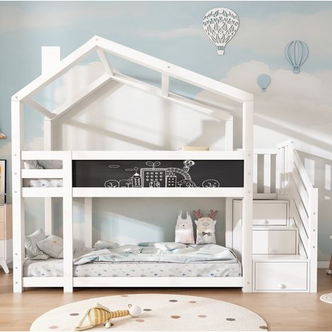 FLORAGRACE Lit superposé enfant cabane 90 x 200 cm, en bois blanc, avec tableau noir, escalier de rangement, barrières de sécurité, 2 sommiers, sans matelas (1/5)