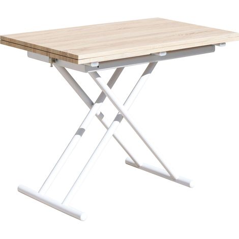 Table basse relevable rectangulaire extensible coloris chêne /pieds blanc - Longueur 100 x largeur 50-100 cm -PEGANE-