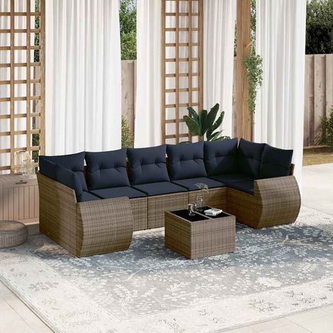 Salon de jardin modulable 8 pièces en résine tressée grise avec coussins bleu marine, 65.4kg - PANGIVO (1/5)