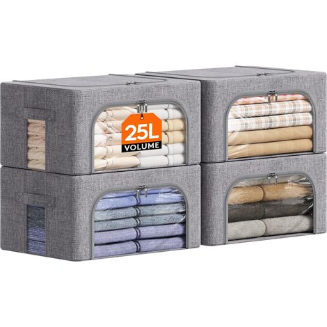 Sac de Rangement Robuste avec Cadre en Métal, Boite Rangement Vetement Pliable, Organisateur Placard, Housse Rangement, Caisse avec Couvercle pour Couvertures, Gris Clair, 25 L, Lot de 4 (1/5)