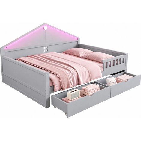 CHICFURN Lit 140x200 avec LED et 2 tiroirs, lit 1 place pour chambre ado, cadre de lit gris en bois et MDF avec sommier à lattes, rangement intégré (1/5)