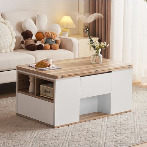 Mesa baja elevable 100x51x47 cm, cubierta plegable, 2 puertas de almacenamiento, 2 cajones, estante de almacenamiento, blanco y natural (1/5)