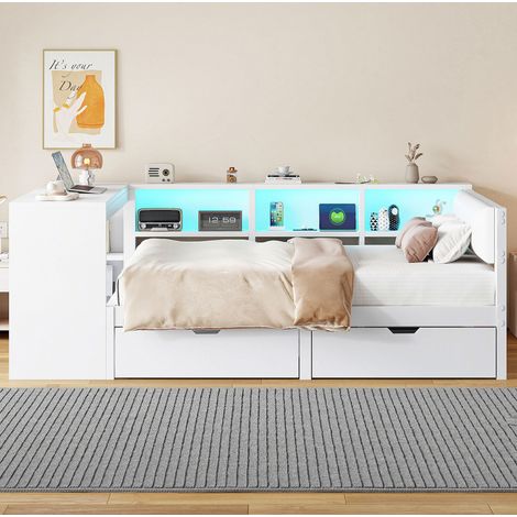 Lit plateforme 90x200 cm blanc avec tête de lit rembourrée, rangement et LED (1/5)