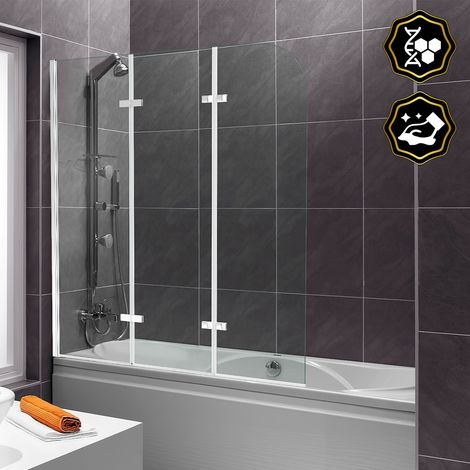 Randaco – Pare-baignoire pivotant 180° – Paroi de douche 3 parties 120x140cm – Verre de sécurité 6mm avec revêtement nanobiface – Gain de place