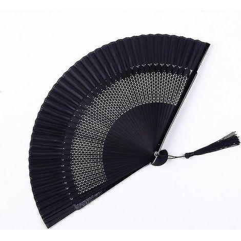 Éventail noir à main, en tissu de soie et baleines de bambou, pliable, de style chinois, avec coffret cadeau pour décoration murale. (1/5)