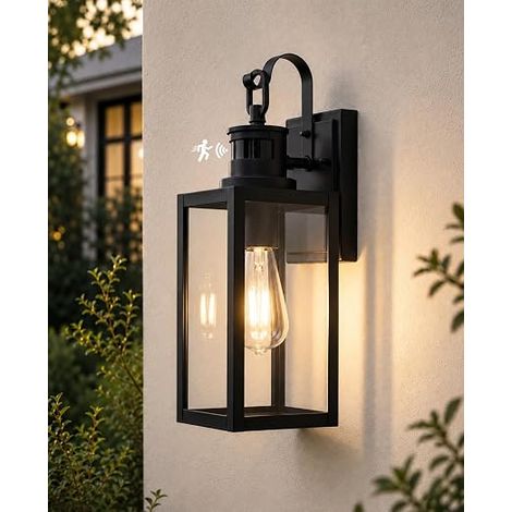 Outdoor Wall Light with Motion Sensor, E27 Industrial Wall Lamp, Porch Light Outdoor Lantern with Motion Sensor, IP44 Wall Lighting for Balcony, Garden, Black (1/5)