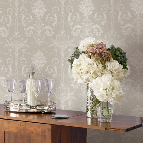 Papier peint intissé Laura Ashley Josette White & Dove Grey 1005 x 52cm Taupe poudrée/blanc
