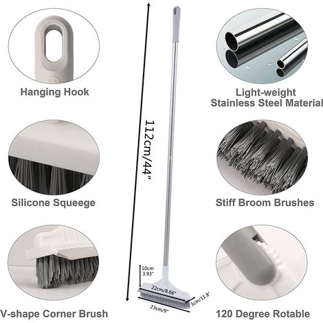 Brosse de nettoyage pour sols avec manche long amovible, rotation à 120°, brosse de nettoyage pour douche, salle de bain et cuisine. (1/5)