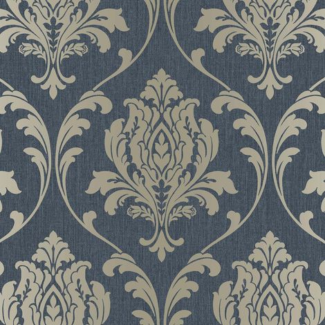 Rasch Highgrove Navy Metallic Gold Floral Damask Feature Wallpaper 274997