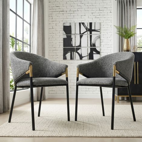 Chaises salle à manger chenille gris avec accoudoirs acier inoxydable doré, confortables respirantes, style moderne 43x53x85cm