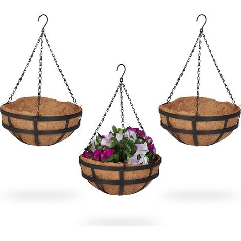 Relaxdays Hanging Basket, Set of 3, Hook, Coconut Fibre Liner, H x D: 50 x 31 cm, Metal, Brown/Black