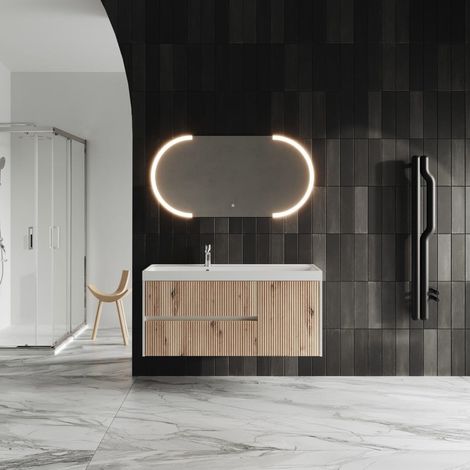 Kiamami Valentina – Meuble de salle de bain suspendu 120 cm – Chêne doré – Miroir LED tactile 120x60 cm – Lavabo en résine avec 1 vasque – Rangement optimisé (1/5)