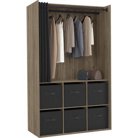 Idmarket – Dressing penderie DIANE 104 x 50 x 172 cm hêtre – 6 boîtes de rangement en tissu – Rideau noir – Organisation vestimentaire optimale