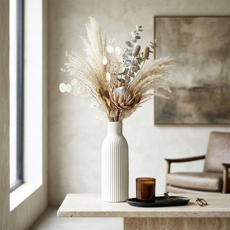 Vases en Céramique Blanche 25CM  Vase pour Pampas et Fleurs Séchées  Design Scandinave en Blanc Pur  Décoration de Table Moderne pour Salon Minimaliste (1/5)