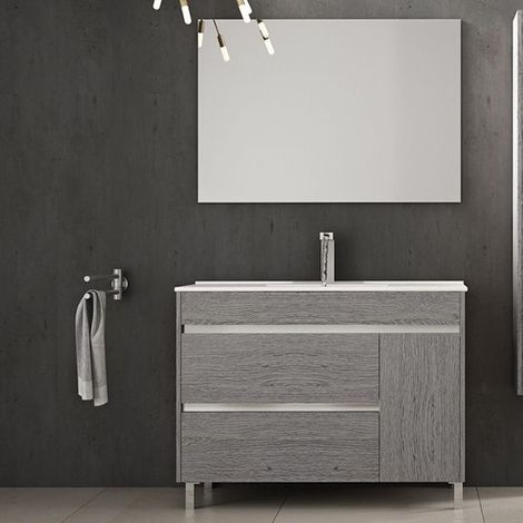 Meuble de salle de bains Caprera 3 pièces - meuble, lavabo + miroir. Livré assemblé 80CM Chêne Smoky
