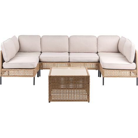 Sofá modular de exterior en forma de U de ratán sintético con mesa de centro de vidrio 6 plazas estructura de metal con cojines beige claro OMEGANA (1/5)