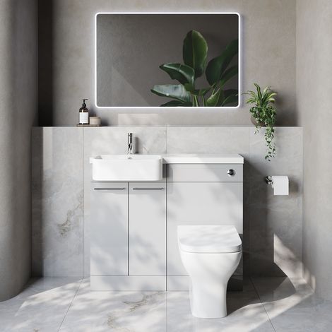 Napoli 250 Gloss Grey Pearl 1000mm 2 Door Vanity Unit Toilet Suite with Left Hand Round Rico Semi Recessed Basin - 1000mm - Chrome 160mm HandleWith Kingston Toilet Pan and Seat