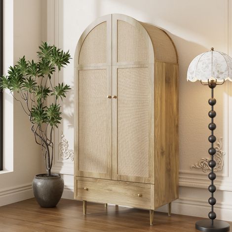 Armoire penderie 79x50x175 cm, dressing effet chêne en MDF avec portes en tissu, tiroir inférieur, tringle et étagères
