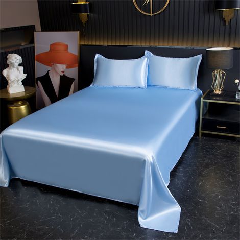 Drap de Lit 180x230 cm, Drap Plat en Soie Glacée Effet Frais pour Été, Housse de Lit Lisse et Douce, Bleu Clair (1/2)