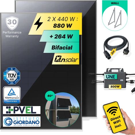 ROBINSUN®️ Kit Solar Enchufable Performance Wall-60 880 Wp, 2 paneles QN 440Wp + 1 Microinversor 800W con Wifi incluído + Cable 3m + 2 Fijaciones 60º (1/5)