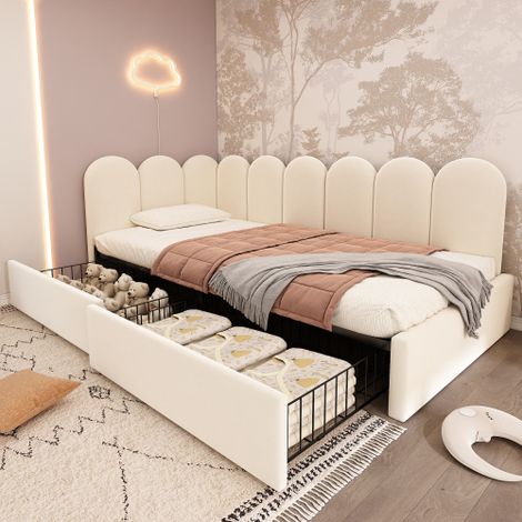 Lit 90x190 cm avec 2 tiroirs et sommier à lattes, lit simple rembourré en velours beige, sans matelas (1/5)