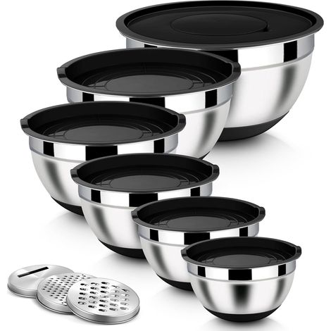 Rührschüssel Set, 6-tlg Edelstahl Schwarz Schüssel Salatschüssel mit 3 Reibenaufsätzen zum Mischen & Verrühren, Luftdichtem Deckel & Silikonboden, 4,6L/2,8L/2,5L/1,6L/1,2L/0,7L, Stapelbar (1/5)