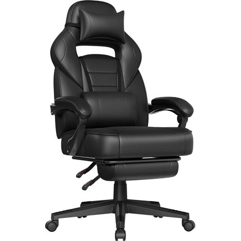 Fauteuil de Bureau, Chaise Gaming, Réglable, Repose-Pieds Télescopique, Mécanisme à Bascule, Appui-tête, Support Lombaire, Charge 150 kg, Noir d'encre