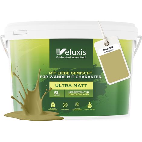 Wandfarbe Grün Gold Gelb Matt Innenfarbe – Deckkraft Klasse 1, VOC-frei, Ohne Grundierung, Tropfarm – Wohnzimmer & Schlafzimmer – 5L – Veluxis (Hot Peppers)