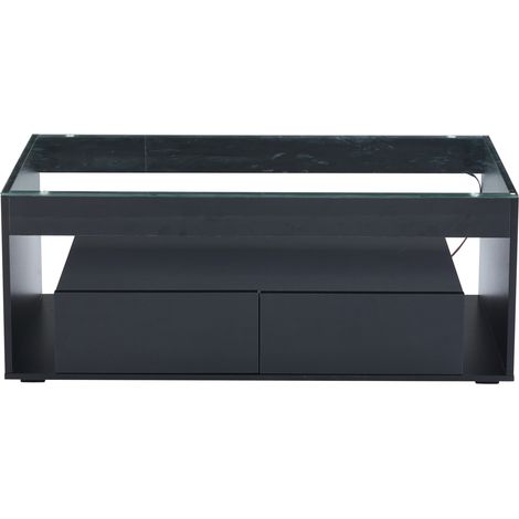 Mesa de centro rectangular con LED y 2 cajones de vidrio templado 100x50x40 cm negra MODENUIT (1/5)