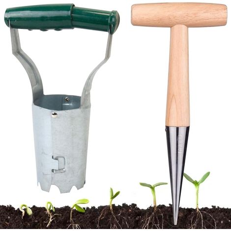 Lot de 2 - Planteur à bulbes - Outil de jardinage - Acier inoxydable et bois - Pour tulipes et semis - Vert et argenté - 28x11,5cm (1/5)