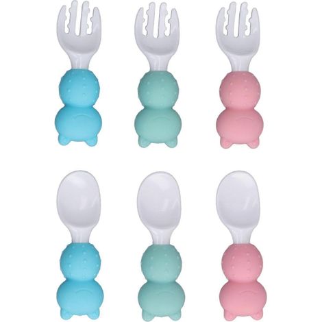 Cuillères et fourchettes bébé en silicone, manche court, set d’apprentissage pour nourrissons et tout-petits, couverts auto-alimentation, lot de repas. (1/5)