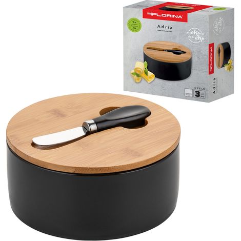 Burriera con coperchio in bambù e coltello Florina Adria 16x6 cm nera
