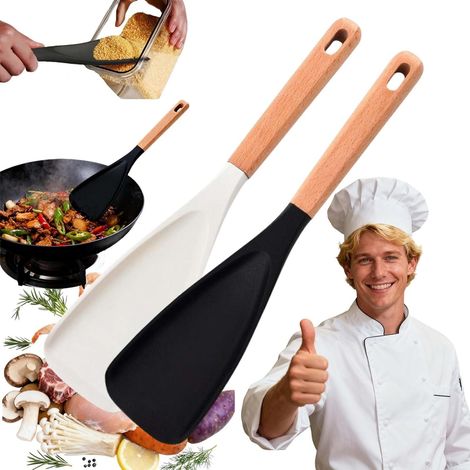 Este juego multifuncional de dos piezas (espátula/cuchara) facilita remover, recoger y servir la comida. Apto para utensilios de cocina antiadherentes. (1/5)