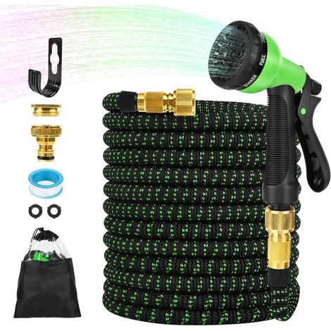 30m Expandable Garden Hose, 100ft Water Hoses, Expandable Garden Hose with 8-Function Spray Gun and 1/2'' and 3/4'' Adapters for Garden Watering, Green (1/5)