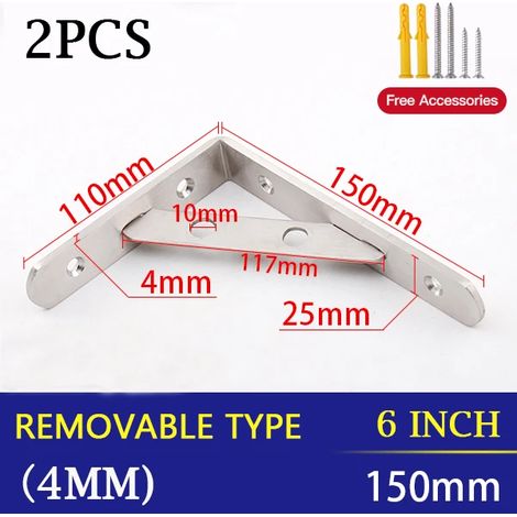 (Amovible 4 mm - 6 pouces) 2 supports triangulaires en acier inoxydable pour étagère murale, support robuste, fixation murale, banc, table, étagère - quincaillerie (1/5)